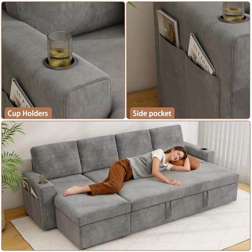 wanan 103" Sleeper Sofa, L-Shaped Sectional Sofa Bed with Storage Chaise, 4-Seater Reversible 2 in 1 Pull Out Couch with Cup Holders for Living Room, Grey 5