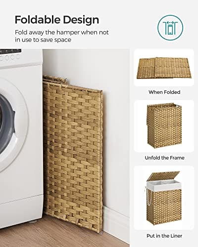 SONGMICS Laundry Hamper with Lid, 90L Clothes Hamper with 2 Removable Liner Bags, 6 Mesh Bags, Wicker Laundry Basket, Double Laundry Hamper for Bathroom, 13 x 18.1 x 23.6 Inches, Natural ULCB251N01V1 8