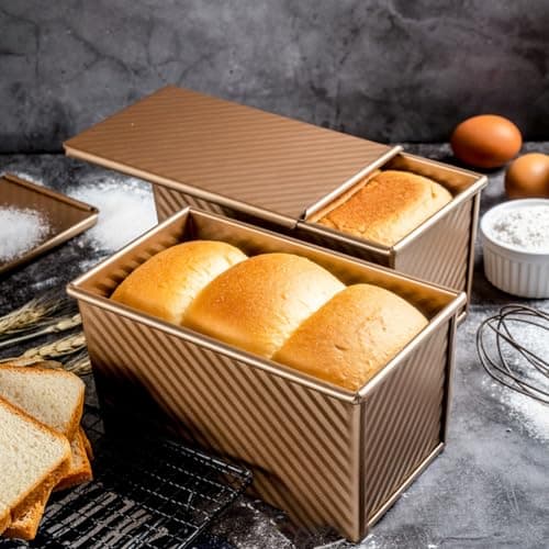Cayanmydery Pullman Loaf Pan with Lid, Non-Stick Bakeware Golden Corrugated Carbon Steel Bread Toast Box Mold with Cover for Baking Bread, 1 lb Dough Capacity 7