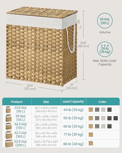 SONGMICS Laundry Hamper with Lid, 110L Clothes Hamper with 2 Removable Liner Bags, 6 Mesh Bags, Wicker Laundry Basket, Double Laundry Hamper for Bathroom, 13 x 22.4 x 23.6 Inches, Natural ULCB52NL 6