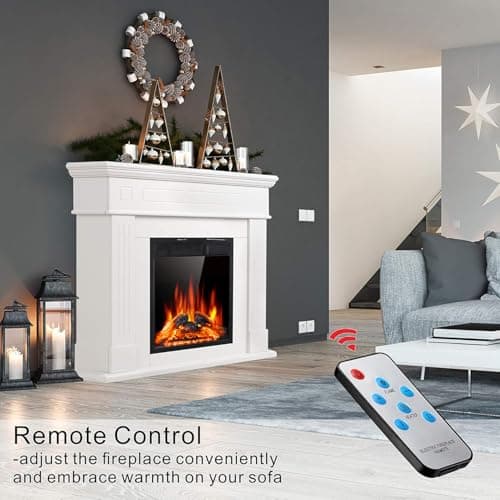 JAMFLY Electric Fireplace Mantel Package Wooden Surround Firebox TV Stand Free Standing Electric Fireplace Heater with Logs, Adjustable Led Flame, Remote Control, 750W-1500W, Lvory White 8