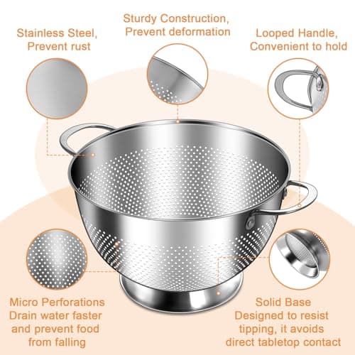 Stainless Steel Colander Set of 3 (1.5-3-5Quart) | Durable Rice and Pasta Strainer with Handle | Oversized Handles | Nesting Design | Rust-Resistant & Dishwasher Safe 3