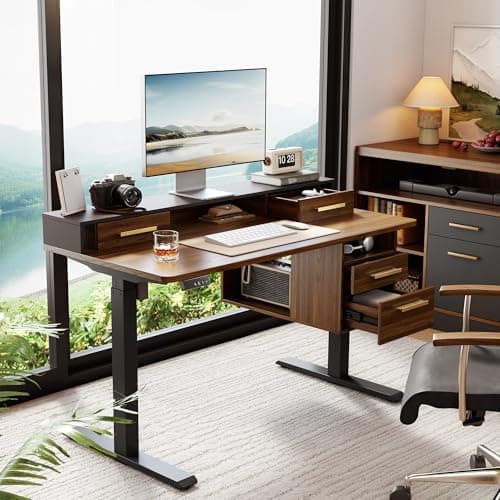 ModernMate Electric Standing Desk with 4 Drawers, 47.2 x 23.6 Inch Height Adjustable Whole Piece Sit Stand Desk, Computer Home Office Workstation with Open Storage Shelf, Black Walnut