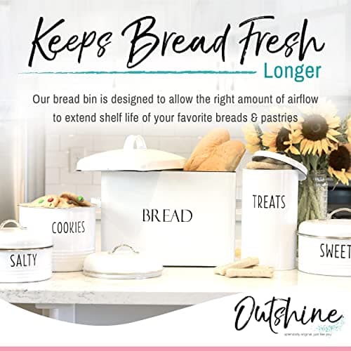 Vintage Metal Bread Bin - Countertop Space-Saving, Extra Large, High Capacity Bread Storage Box for your Kitchen - Holds 2 Loaves 13" x 10" x 7"- White with BREAD Lettering 6