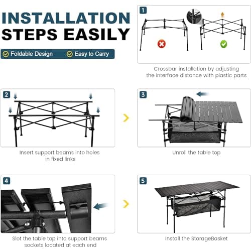WUROMISE Lightweight Aluminum Folding Camping Table (47” x 21.65” x 26.7”), Portable Roll-Up Design for Outdoor, Camping, Beach, BBQ, Patio, and Picnic, Durable & Waterproof with Carrying Bag 7