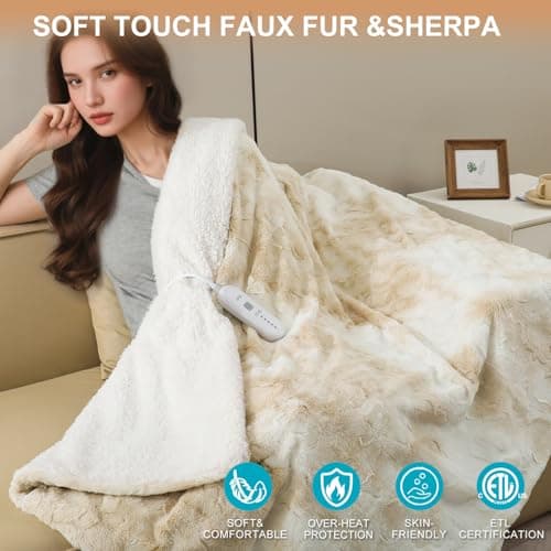 Dowin Electric Blanket King Size, Faux Fur & Sherpa Heated Blankets 100"x 90",Large Dual Controllers Warm Heating Blanket, 5 Heating Levels &10Hrs Auto Off, Over-Heat Protect (Beige) 5