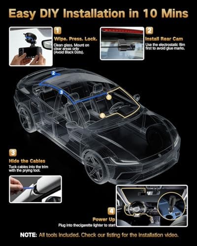 LECTRUS 4K Dash Cam Front and Rear Inside, 3-Channel Cars Camera Dash with 170° Wide Angle, Free 64GB SD Card, 5.8GHz WiFi, Night Vision, G-Sensor, Loop Recording, Parking Monitor, USB C, Max 256GB 8