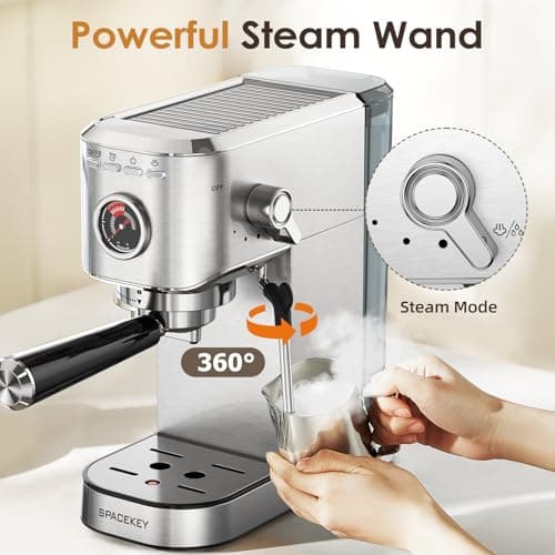 Spacekey Espresso Machine 20 Bar, Professional 1350W Espresso Maker with Milk Frother, Compact Stainless Steel Cappuccino & Latte & Americano Maker with 39oz Removable Water Tank, Silver 5