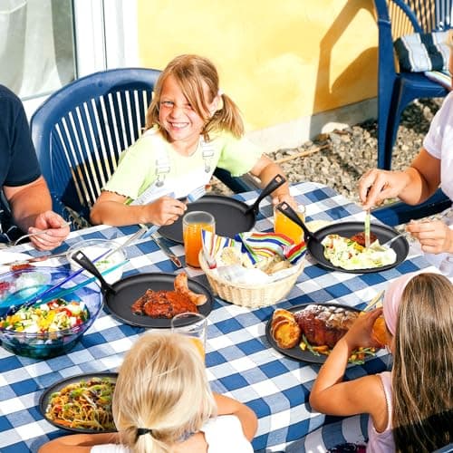 FoldTier 6 Sets Cast Iron Skillet Set 10.63'' x 6.89'' Fajita Plate Sizzling Pan with Wooden Base Anti Scald Protection Removable Handle for Restaurant Kitchen Cooking Accessory BBQ Party 6