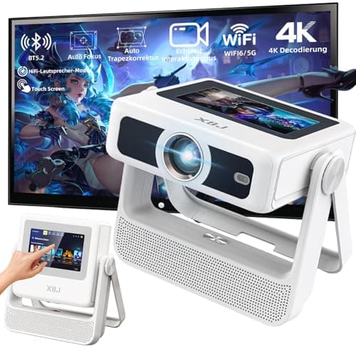 XBJ [Built-in Apps/Touch Screen] A5pro Portable Projector with WiFi and Bluetooth, Support 4K, Outdoor Smart Projector with 180° Stand, Auto Focus, Mini Movie Proyector for Bedroom/Home (White)