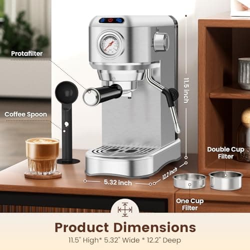 ANYCOLD Espresso Machine 20 Bar, Compact Espresso Maker, Stainless Steel Expresso Coffee Machines with Steam Milk Frother & 34oz Removable Water Tank for Cappuccino, Latte, Home Office Use, Silver 7