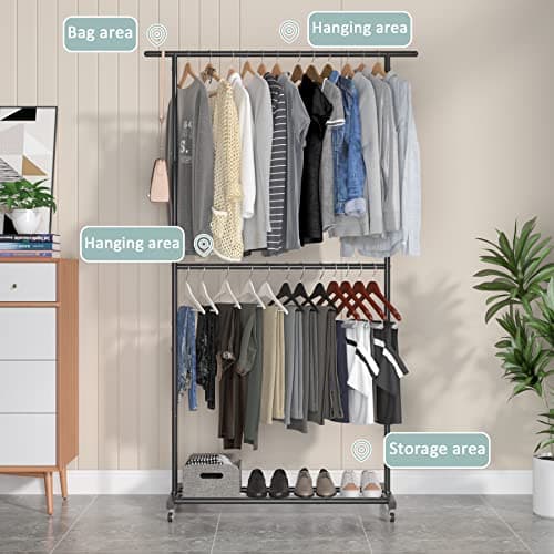 Sywhitta Double Rod Clothing Garment Rack, Rolling Clothes Organizer on Wheels for Hanging Clothes, Easy to Assemble, Adjustable, Black 7