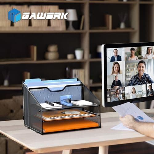 GAWERK Letter Tray Organizer, Mesh Desk File Organizer with 3 Paper Trays and 2 Vertical Upright Section, Blank 6