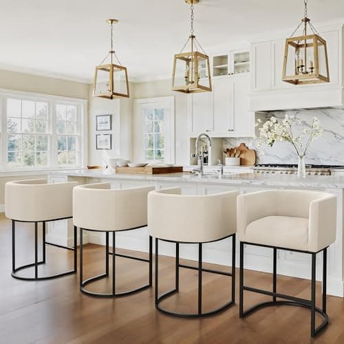 LUE BONA 27" H Counter Height Bar Stools Set of 3, Modern Barrel Counter Stools with Backrest and Arms, Black Metal Frames, Linen Fabric Upholstered Accent Barstools for Kitchen Island, Linen Color