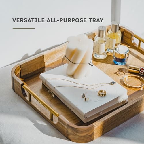 Upper Acacia Wood Ottoman Tray 17x13 Inches with Handles, Decorative Serving Tray for Coffee Table, Breakfast Tray with Anti-Skid Pads 5