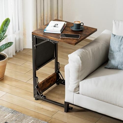 Kufutee Folding TV Tray Table, Small Folding Side Table with Storage Bag, Portable C Shaped End Stand for Couch Sofa Bed, Rustic Brown 6