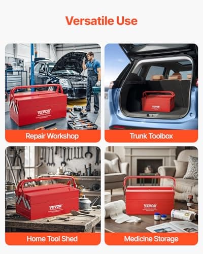 VEVOR Metal Tool Box, 14-inch, 2-Tier 3-Tray Portable Folding Tool Chest Organizer with Handle & Lock Hole, Powder Coated Steel, Cantilever Toolbox for Household Factory Warehouse Repair Shop, Red 7