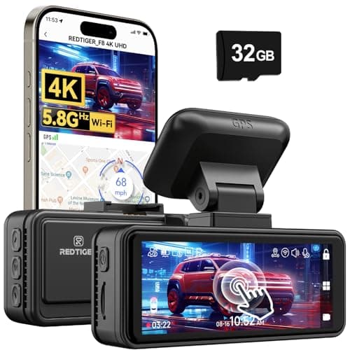 REDTIGER F8 4K Dash Cam, 5.8GHz WiFi App Control Dash Camera for Cars, 3.18'' Touch Screen 2160P UHD Car Dash Cam with Night Vision, 32GB Card, Built-in GPS, Parking Mode, Supports 512GB Max