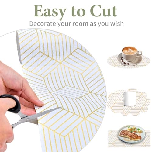 Shelf Liners for Kitchen Cabinets 12in x 20FT, Non Adhesive Cabinet Liner Strong Non-Slip Thickened Gold Geometric Drawer Liner, Easy to Clean for Shelf, Cabinet with Knife and Tape Measure 9