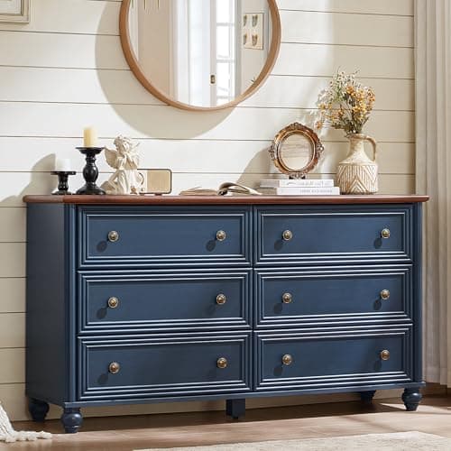 RWYHG 54" Dresser for Bedroom, Farmhouse Wood 6 Drawers Dressers, Vintage Design TV Stand, Rustic Storage Wide Dresser Organizer with Metal Handle Closet for Living Room, Hallway