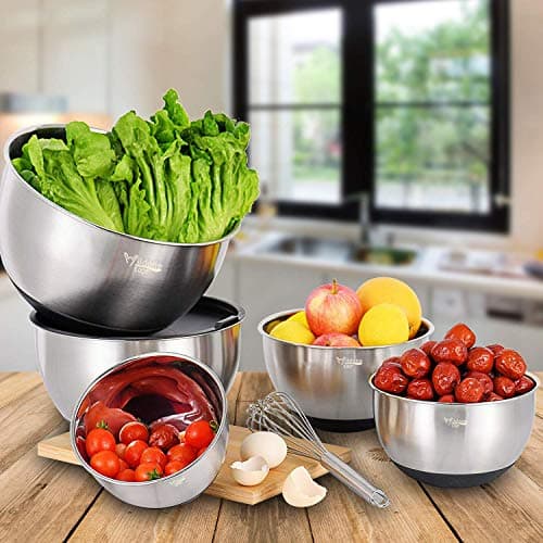 Wildone Mixing Bowls with Airtight Lids Set, 5PCS Stainless Steel Nesting Bowls for Kitchen, with Grater Attachments & Non-Slip Bottoms, Size 5, 3, 2, 1.5, 0.63 QT, Great for Mixing & Serving 6