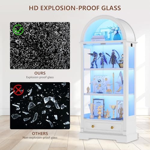 Dystler Lighted Display Cabinet with Glass Doors, 72" Tall Curio Cabinet - 4 Tier Display Case with Human Sensor Lights, Bookcase for Collectibles Toys Books, White 6