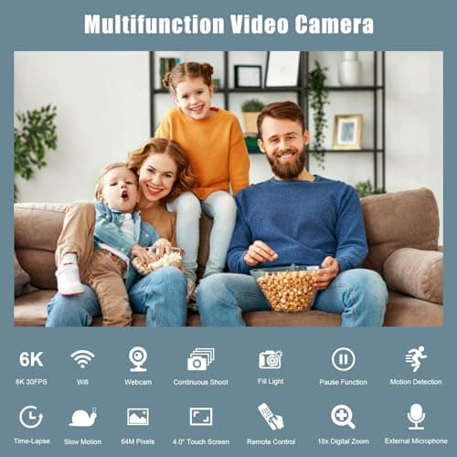 6K Camcorder Video Camera 64MP IR Night Vision Vlogging Camera for YouTube 18X Digital Zoom 4.0 Inch Touch Screen Video Camera with WiFi, Microphone, Stabilizer, Remote Control, 64GB SD Card 6