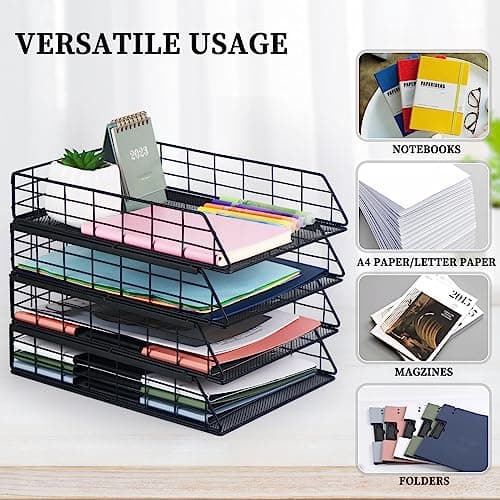Tunnkit 4 Pack Stackable Letter Tray Paper Organizer, Metal Desk Organizer Tray for Letter/A4 Paper Storage, Suitable for Office, School, Home, Black 5