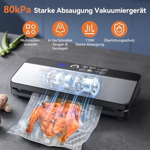 Vacuum Sealer Machine, Food Sealer Vaccum Sealers for Food 80KPA Automatic 8-IN-1 Sealing Dry/Moist Mode with Build-in Cutter&Storage, Digital Countdown, Air Suction Hose, 2 Roll-Bags, 11 Vacuum Bags 2