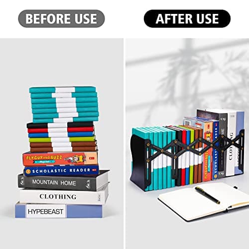 2PCS Adjustable Bookends, Metal Book Ends for Heavy Book, 2 Dividers, Nonslip Book Stander for Desk, Shelf, Office, Stationery Gift, Extends up to 19 inches (Black) 6