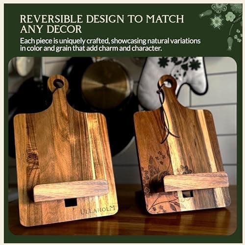Wood Cookbook Stand for Kitchen Counter - Reversible Acacia Wooden Recipe Book Holder Stand - Cooking Measurement Conversion Card - Gift-Ready Adjustable Tablet Cook Book Holder - Charging Cable Slot 8