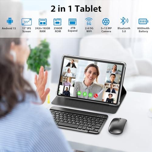 Suicoey 2026 11 inch Android 15 Tablet with Keyboard, 24GB+256GB, 2TB Expand, 8000mAh, 5MP+13MP, 5G WiFi, Gemini AI, Split Screen, Widevine L1, 2 in 1 Tablets PC with Case, Mouse, Stylus(Silver Case) 2