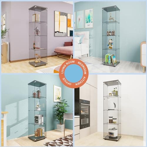 FANYUSHOW Tempered Glass Display Cabinet 4-Shelf Curio Cabinet with Security Lock 5mm Display Shelf Showcase for Living Room/Bedroom/Office- Black 64.7" H x 16.7" L x 14.37" W 5