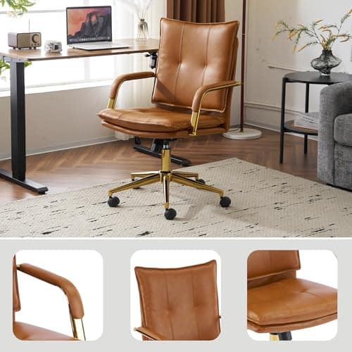 MOJAY Office Chair, Leather Desk Chair, Brown Desk Chair, Mid Century Modern Office Chair, Swivel Comfy Upholstered Wide Seat Chair with Gold Legs and Armrests for Home, Office (Camel&Golden) 6