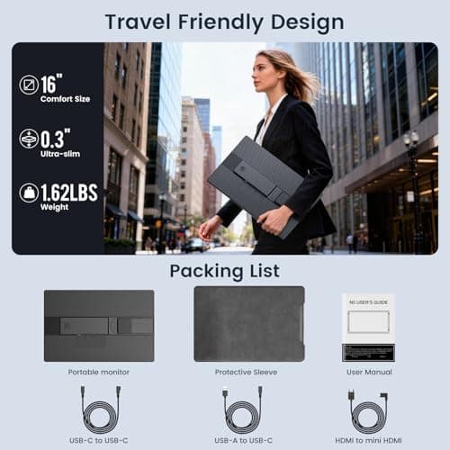 FLYTOCCA Portable Monitor, 16 Inch FHD 1200P, Horizontal/Vertical Monitor, Plug & Play, Built-in Speakers & Headphone Jack, Travel Monitor for Laptop with Premium Smart Cover 7