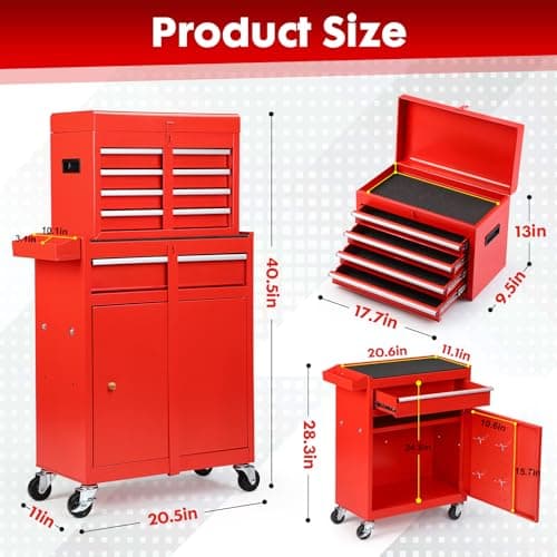 Dawmilon 5-Drawer Rolling Tool Chest with Wheels - High Capacity Tool Cabinet with Detachable Top Toolbox for Garage and Workshop Organization - Metal Tool Cart with Liner & 4 Hooks, Red 2
