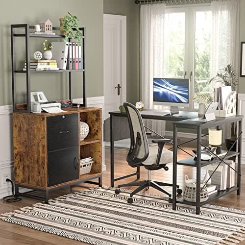 Homieasy Vertical Filing Cabinet with Bookshelf for Home Office, File Cabinet with Shelves, Lock & Charging Station, Drawer Office File Cabinets with Printer Stand, fits Letter Size, Rustic Brown 8