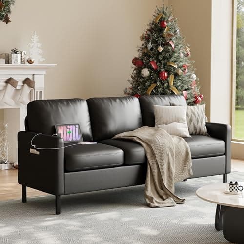 STHOUYN 72" W Faux Leather Black Sofa 3 Seat Couch, Modern Comfy Couch with 2 USB, Small Couches for Living Room Apartment Bedroom Small Spaces, Office(Black (Sofa))