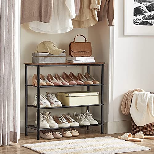 VASAGLE Shoe Rack, 4-Tier Shoe Storage Organizer for Entryway and Closet, Holds 9-12 Pairs of Shoes, 3 Fabric Shelves, Steel Frame, Industrial, Rustic Brown and Black ULBS035B01 8