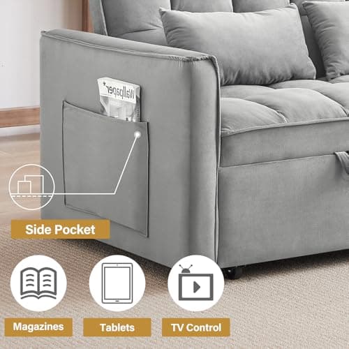 3 in 1 Sleeper Sofa Bed,Velvet Convertible Sofa Bed Pull-Out Bed Couch With Side Pockets,55'' Loveseat Sleeper Sofa with Adjustable Backrest for Living Room,Bedroom,Apartment and Small Space,Gray 6