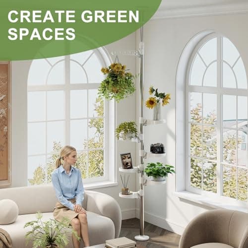 BAOYOUNI 7-Layer Indoor Plant Stands Spring Tension Pole Metal Flower Display Rack Space Saver Corner Floral Pot Hanger Shelf, Ivory 5