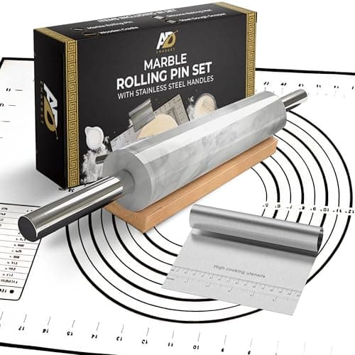 Ashadol Emarket Marble Rolling Pin Set for Baking - Includes Silicone Mat, Steel Scraper, and Wooden Cradle - Perfect for Bread, Cookies, Pizza - Ideal Gift for Bakers