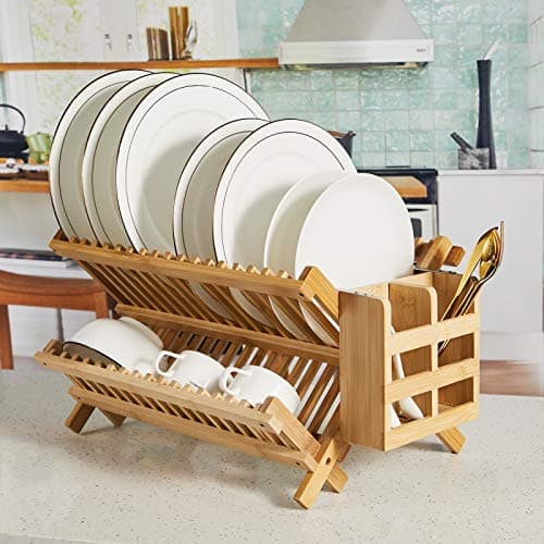 NOVAYEAH Bamboo Dish Drying Rack-2 Tier, Collapsible Small Dish Rack with Utensil Holder, Wooden Drying Rack for Kitchen Counter, Apartment Essentials Kitchen Plate Holder Organization 34 pcs Grid 8