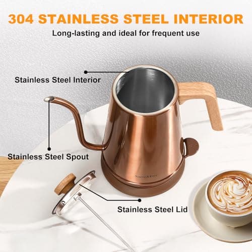 Nueve&Five Gooseneck Electric Kettle with Thermometer, Copper Tea Kettle with Auto Shut-Off,1000W Hot Water Kettle Electric of Stainless Steel,Electric Kettles for,Coffee & Tea 8