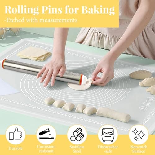 Adjustable Rolling Pin with 4 Thickness Rings for Baking, 17” Stainless Steel Dough Roller with Clear Measurement Markings for Pizza, Fondant, Pie, Cookies, Baking Supplies, Pastry, Pasta 5