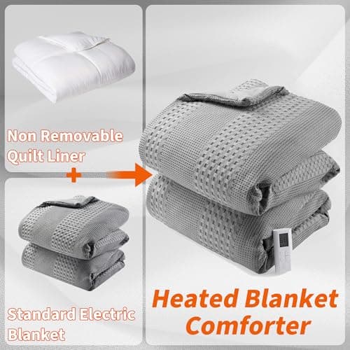 GarveeHome Queen Heated Comforter Electric Blanket, 90"*90" Waffle Weave Heating Blanket with Wireless LCD Controller, 6 Heat Levels & 2-10H Time Settings, UL Certified, Grey 5