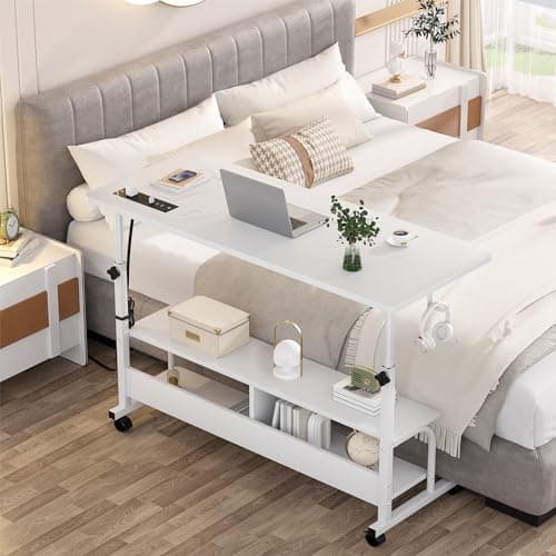 Armocity Rolling Standing Desk with Power Outlets, 47" Manual Height Adjustable Mobile Computer Desk with Wheels, Portable Sit Stand Laptop Couch Table for Bed & Sofa Home Office, Whtie 7