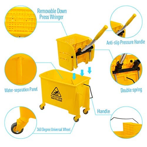 Mop Bucket & Side Wringer Combo, Heavy Duty & Commercial Janitorial Cart Spring Wringer on Wheels for Home & Industrial Cleaning Commercial Mop Bucket for Business, Yellow 5