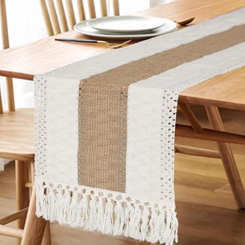 Fexia Boho Table Runner for Christmas Thanksgiving Home Decor with Tassels 90 Inch Cream & Brown Macrame Runner for Dining & Bedroom Baby Bridal Shower Decor(12x90 Inches) 5