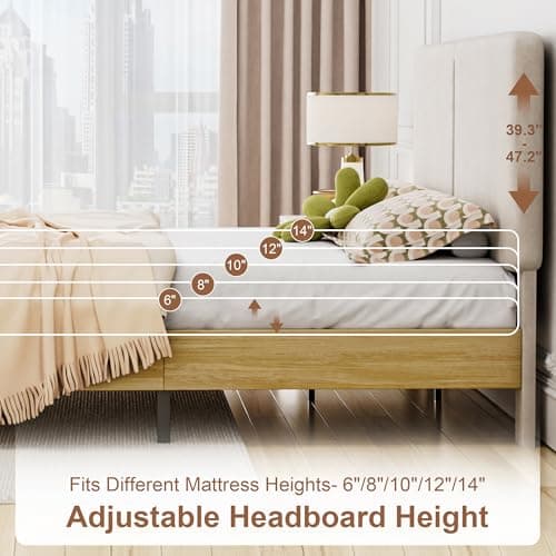 VECELO Full Bed Frame Upholstered Platform Beds with Height-Adjustable Cotton and Linen Headboard, Heavy Duty Wood Slats, 6" Under-Bed Space, Noise-Free, No Box Spring Needed, Easy Assembly 7